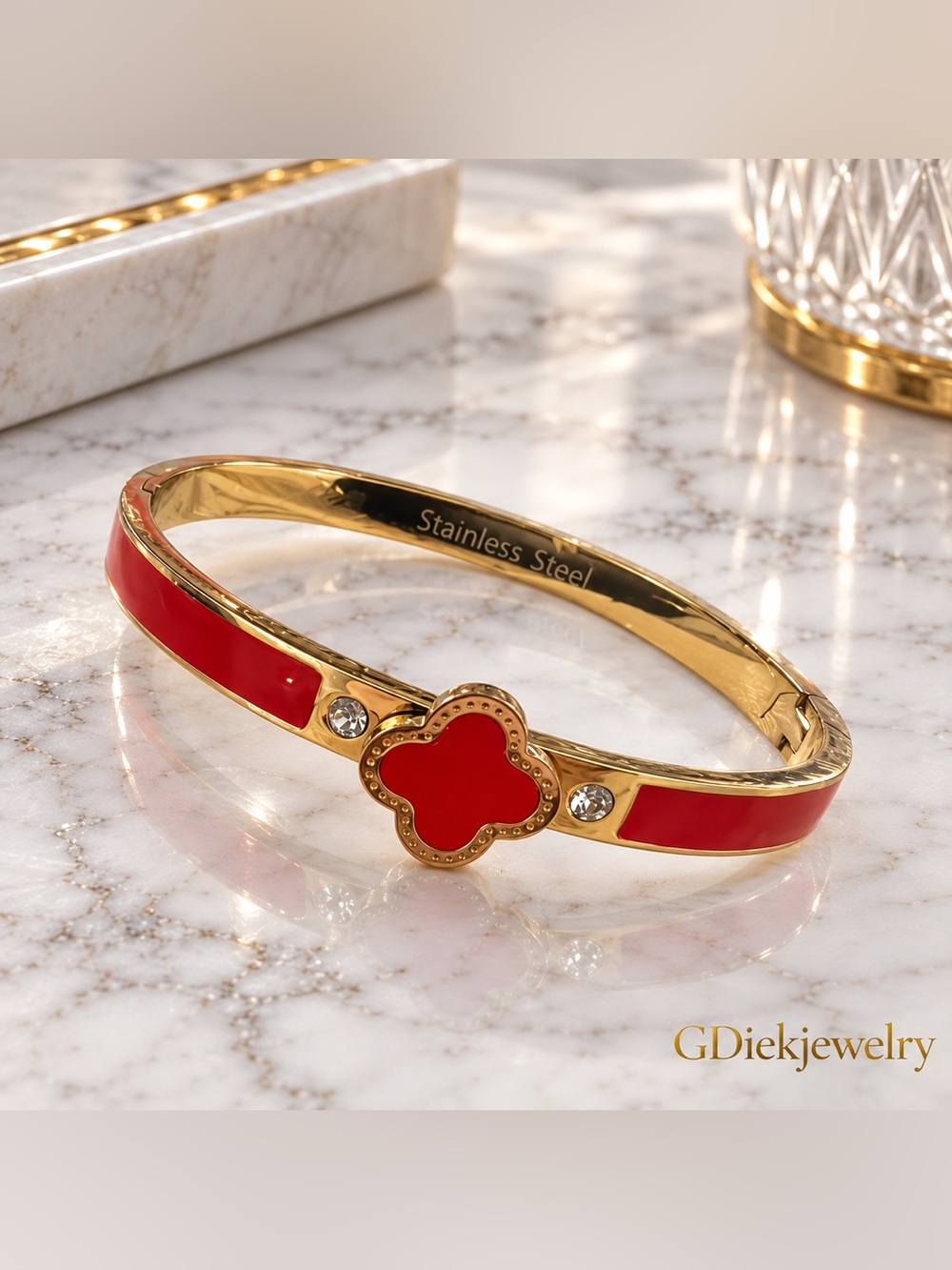 Red Clover Gold-Tone Stainless Steel Bangle Bracelet